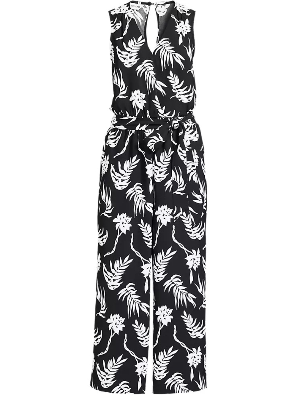 Lands' End Black & White Floral Sleeveless Jumpsuit with Tie Waist